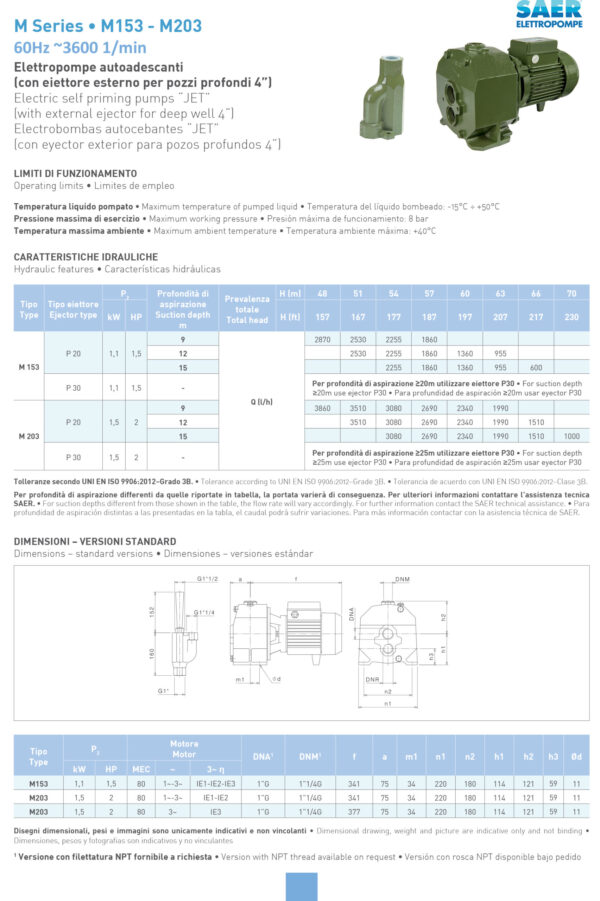 M203 Spec Sheet, electric self priming pumps "JET"