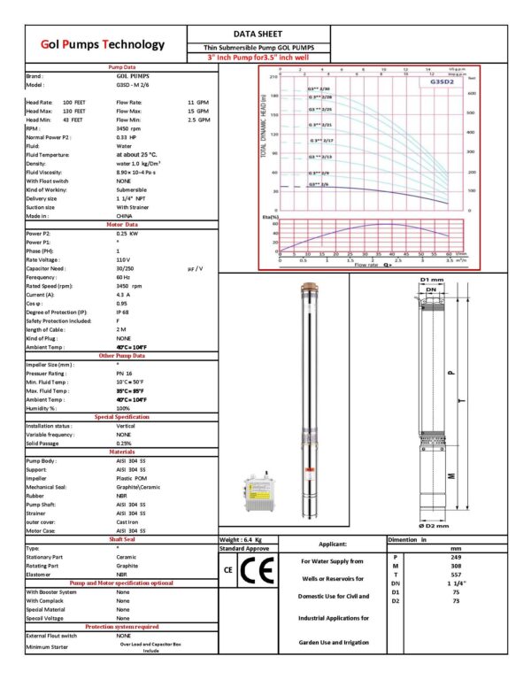 G3SDM2 6 110 DATA SHEET thin submersible pump