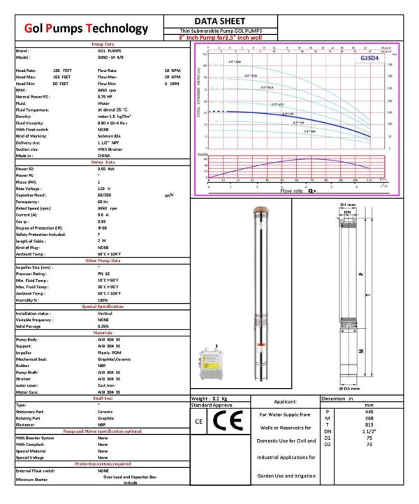 G3SDM4-8-110 DATA SHEET, submersible pump, gol pumps