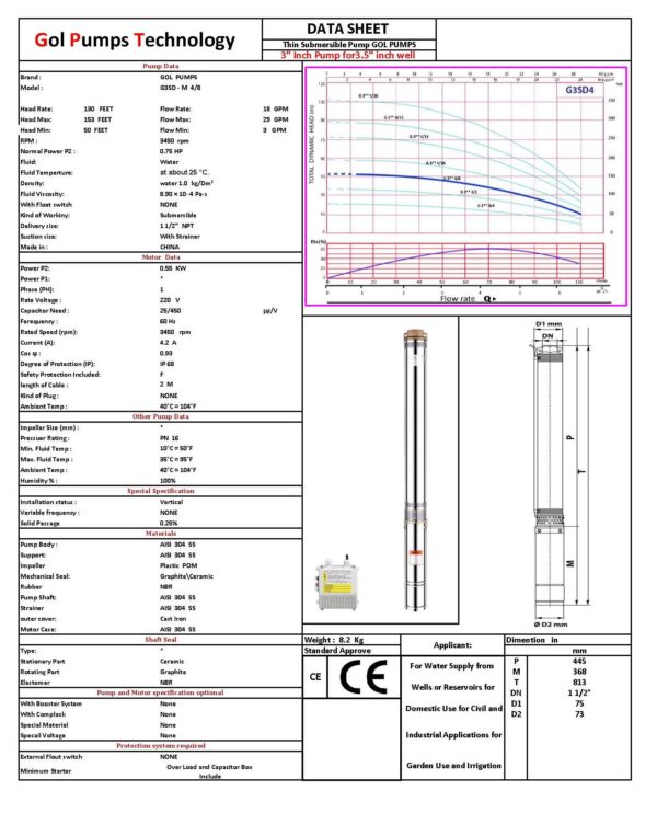 G3SDM4 8 220 DATA SHEET. submersible pump, gol pumps