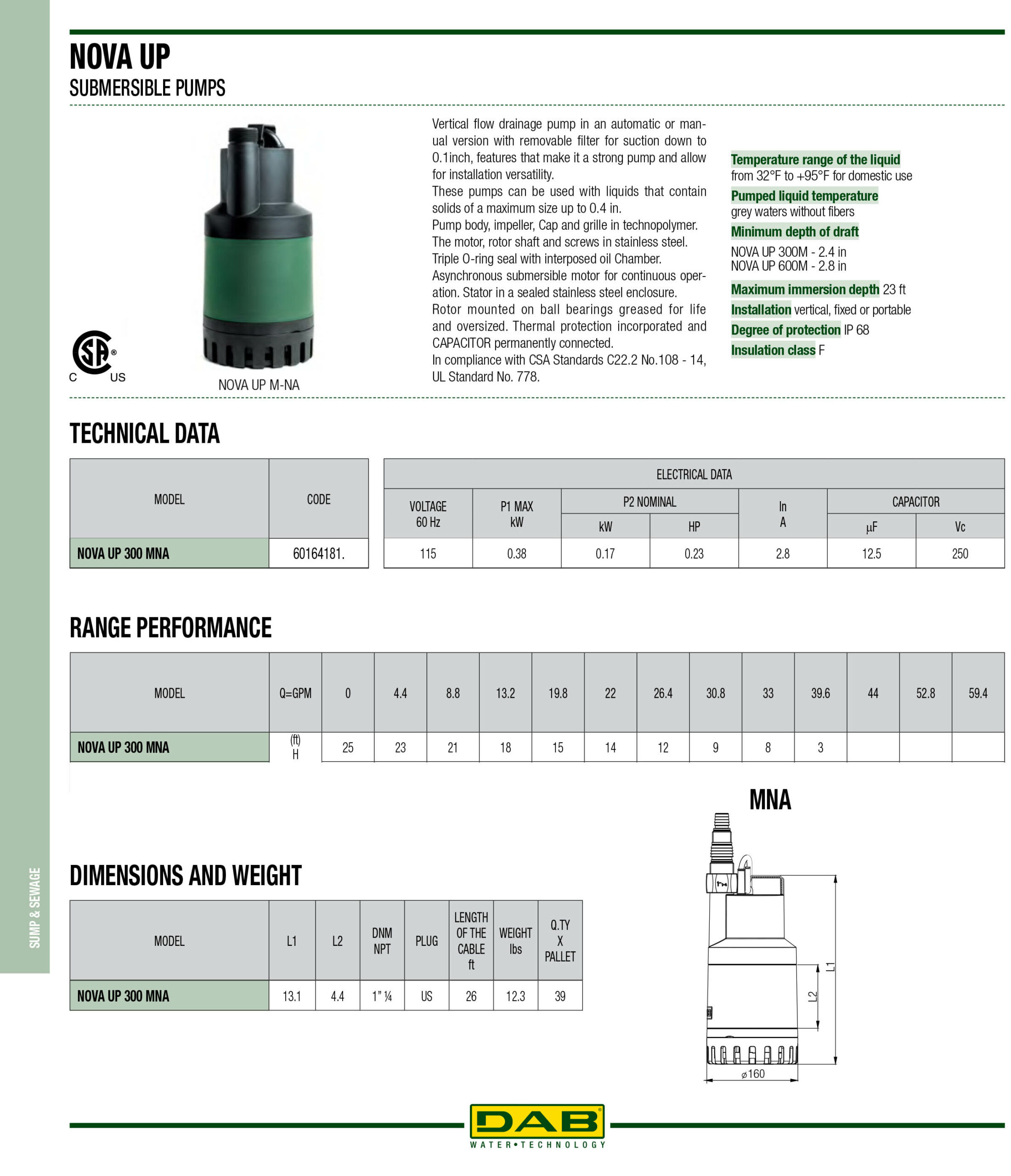 DAB NovaUp Sump Pump Drainage Pump, 0.23HP, 2376GPH, 115V, Model