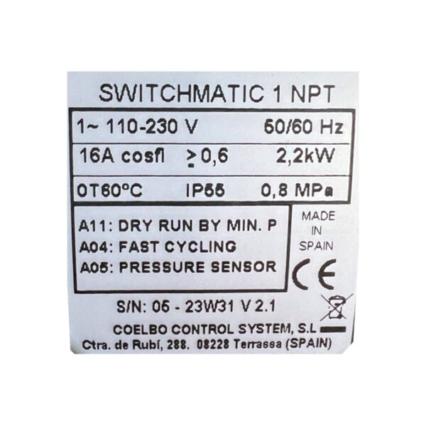 COELBO Electronic pressure switch with an integrated digital pressure gauge, 110/220V, 1P, 108 PSI, IP65, Model SWITCHMATIC 1 - Image 3